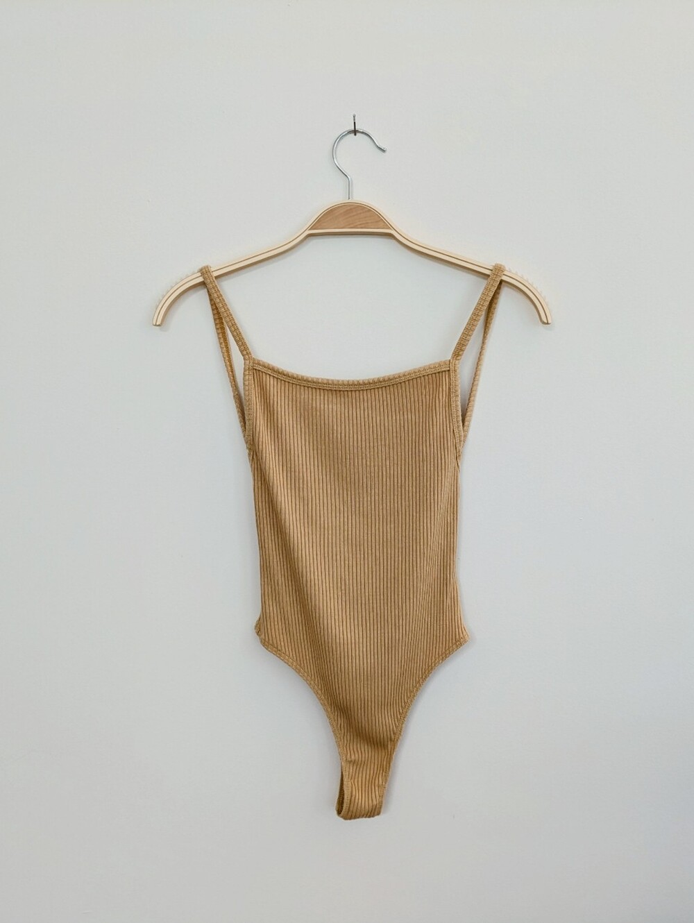 Whimsy + Row Ribbed Scoop-Back Thong Bodysuit in Sand, XS